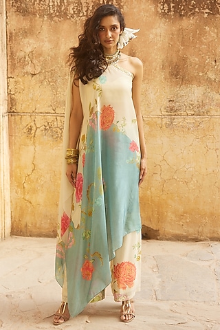 Ivory Habutai Floral Printed One-Shoulder Tunic Set by Paulmi & Harsh