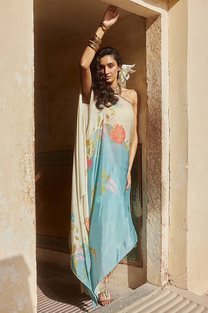 Ivory Habutai Floral Printed One-Shoulder Tunic Set by Paulmi & Harsh at Pernia's Pop Up Shop