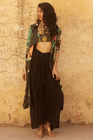 Black Habutai Silk Floral Printed Jacket Set by Paulmi & Harsh