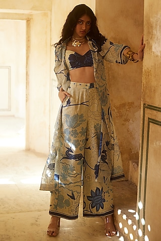 Ivory Organza Floral Printed Jacket Set by Paulmi & Harsh