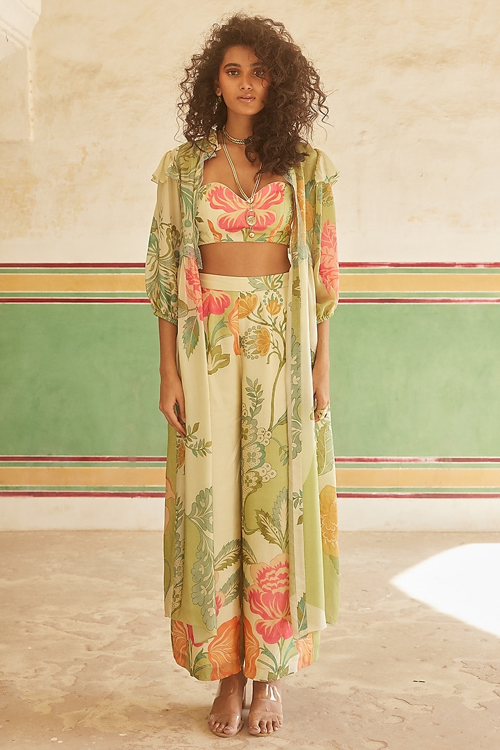 Pastel Green & Ivory Habutai Floral Printed Jacket Set by Paulmi & Harsh