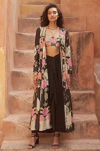 Black Habutai Floral Printed Jacket Set by Paulmi & Harsh