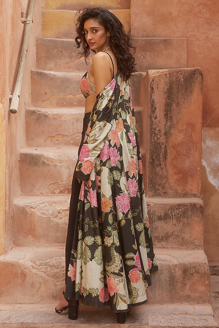 Black Habutai Floral Printed Jacket Set by Paulmi & Harsh at Pernia's Pop Up Shop