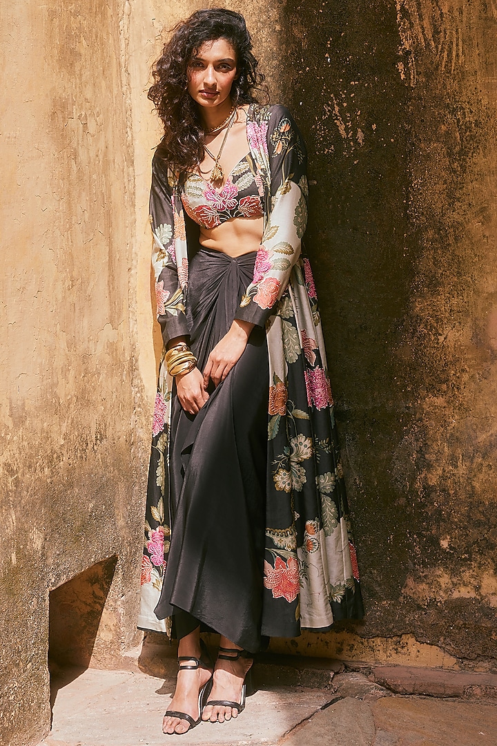 Black Habutai Floral Printed Jacket Set by Paulmi & Harsh at Pernia's Pop Up Shop