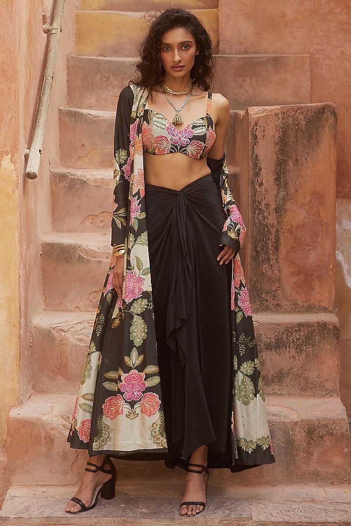 Black Habutai Floral Printed Jacket Set by Paulmi & Harsh at Pernia's Pop Up Shop