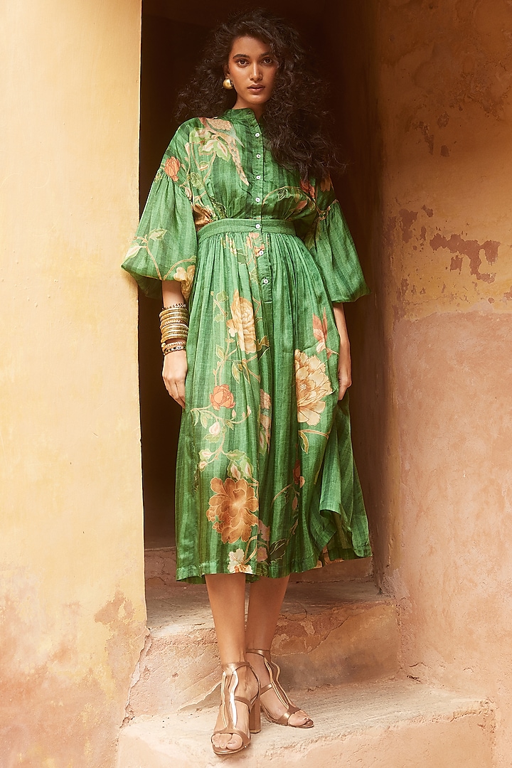 Green Habutai Floral Printed Midi Dress by Paulmi & Harsh