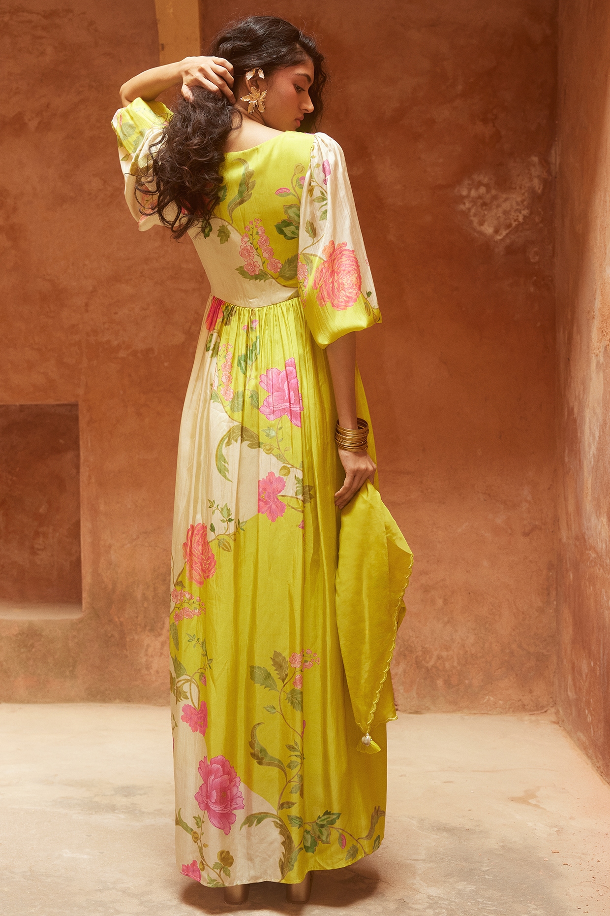 Lime Yellow Habutai Floral Printed Maxi Dress by Paulmi