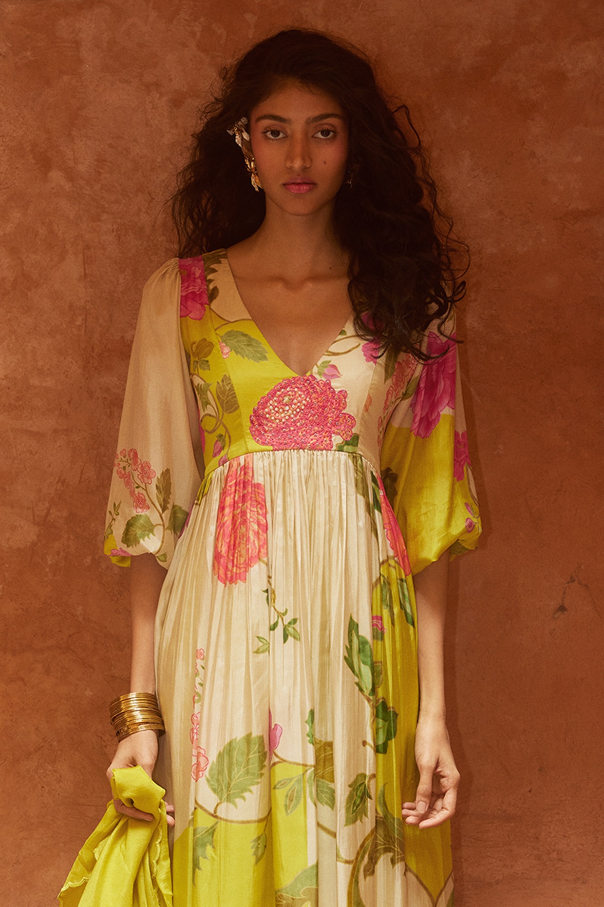 Lime Yellow Habutai Floral Printed Maxi Dress by Paulmi