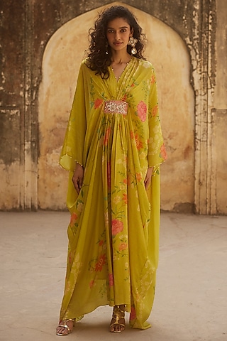 Lime Yellow Habutai Silk Printed & Embroidered Kaftan by Paulmi & Harsh