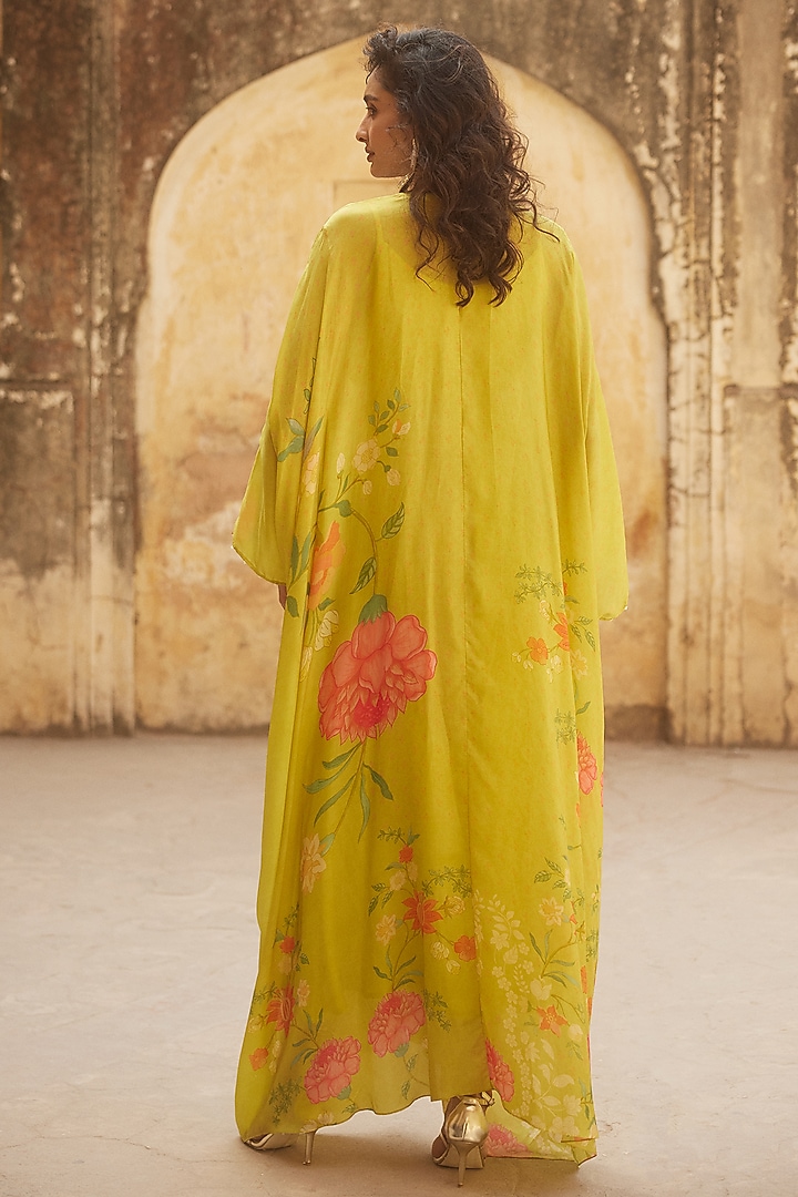 Lime Yellow Habutai Silk Printed & Embroidered Kaftan by Paulmi & Harsh at Pernia's Pop Up Shop