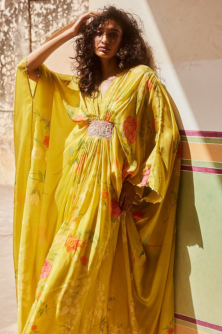 Lime Yellow Habutai Silk Printed & Embroidered Kaftan by Paulmi & Harsh at Pernia's Pop Up Shop