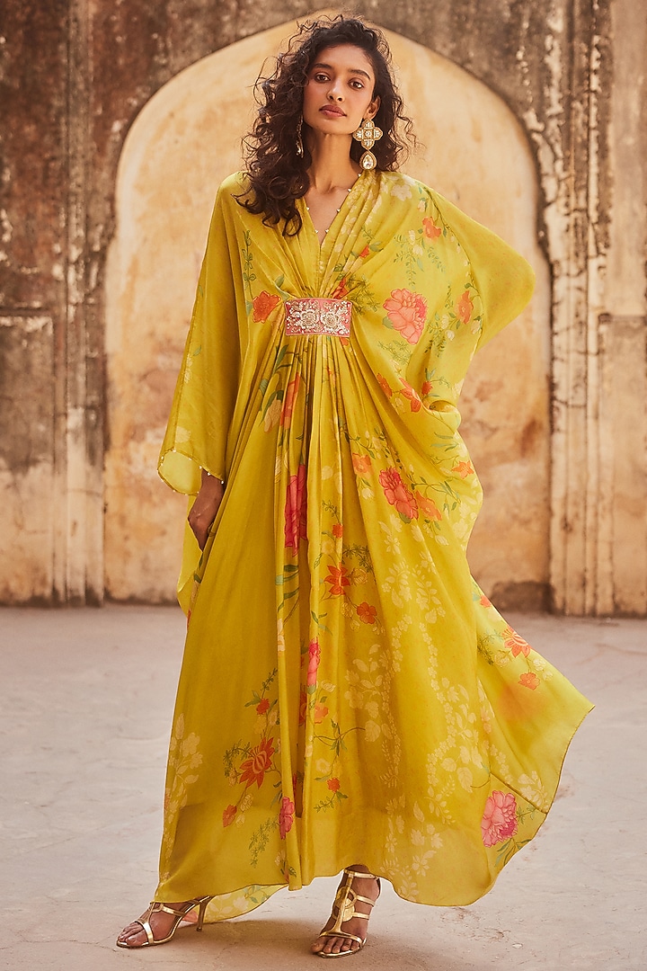 Lime Yellow Habutai Silk Printed & Embroidered Kaftan by Paulmi & Harsh at Pernia's Pop Up Shop