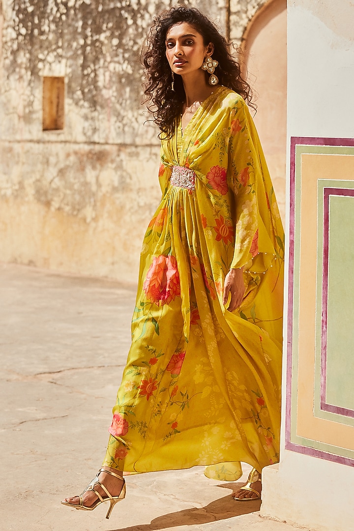 Lime Yellow Habutai Silk Printed & Embroidered Kaftan by Paulmi & Harsh at Pernia's Pop Up Shop