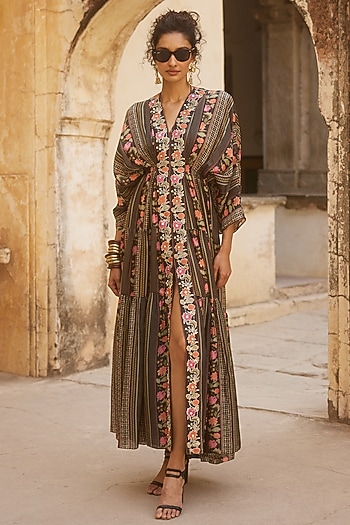Black Habutai Printed & Hand Embroidered Kaftan by Paulmi & Harsh at Pernia's Pop Up Shop