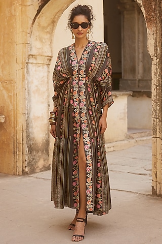 Black Habutai Printed & Hand Embroidered Kaftan by Paulmi & Harsh
