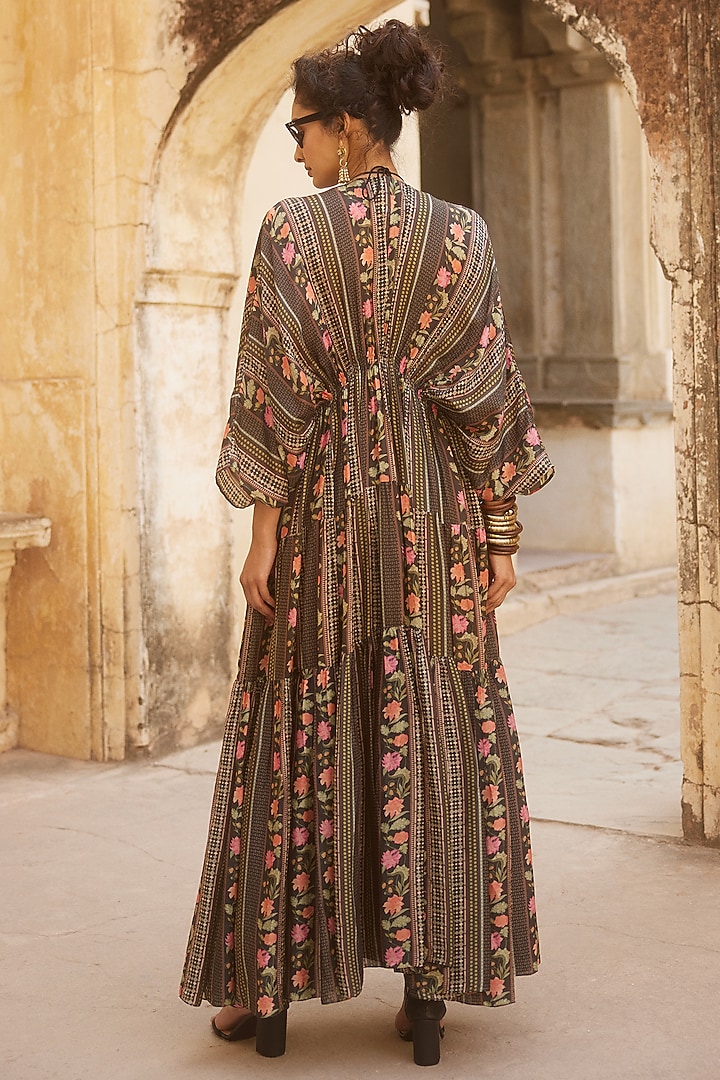 Black Habutai Printed & Hand Embroidered Kaftan by Paulmi & Harsh at Pernia's Pop Up Shop