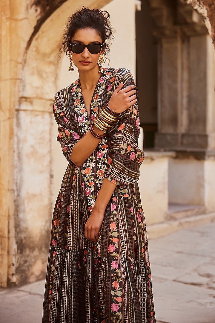 Black Habutai Printed & Hand Embroidered Kaftan by Paulmi & Harsh at Pernia's Pop Up Shop