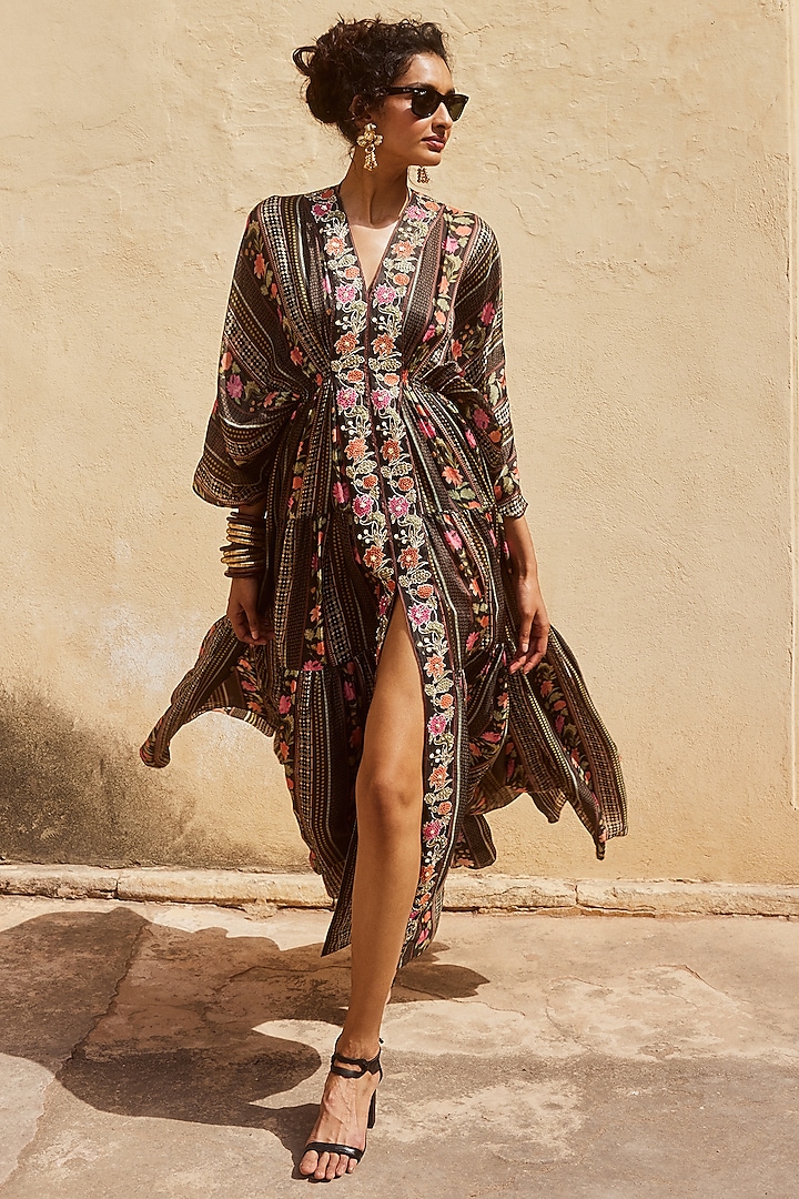 Black Habutai Printed & Hand Embroidered Kaftan by Paulmi & Harsh at ...