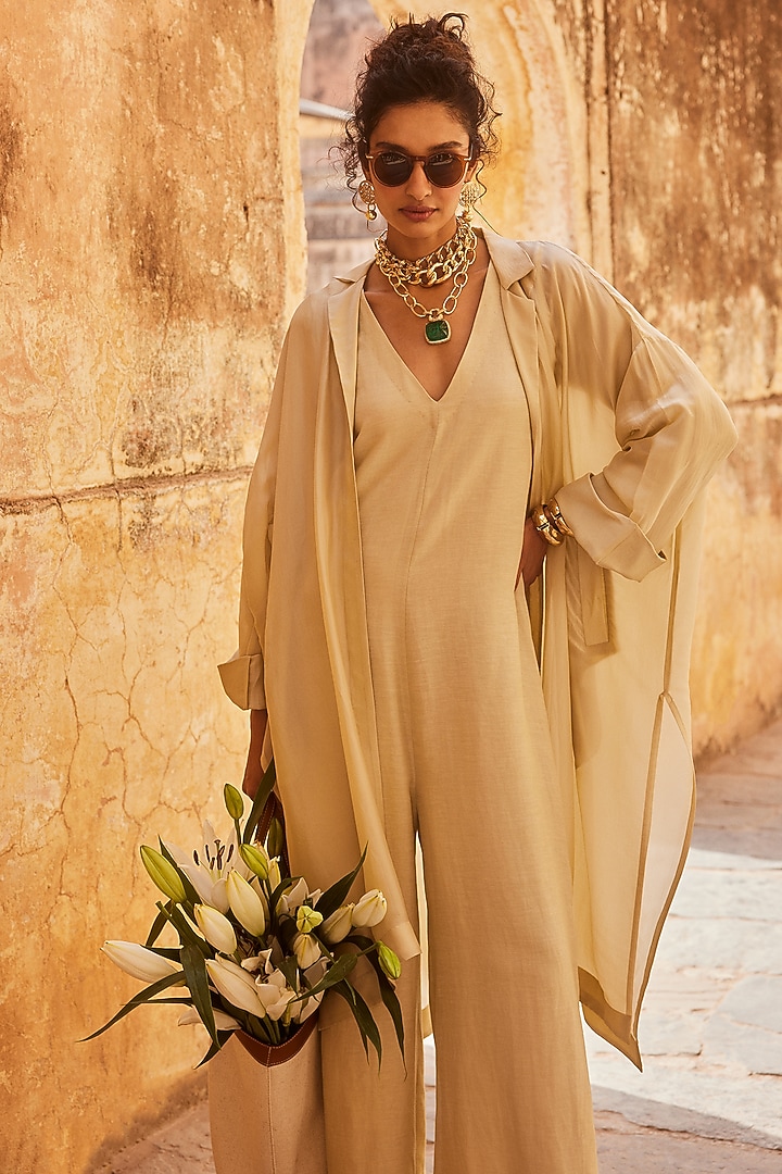Ivory Linen Jumpsuit With Jacket by Paulmi & Harsh at Pernia's Pop Up Shop