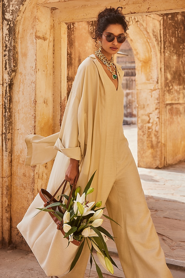 Ivory Linen Jumpsuit With Jacket by Paulmi & Harsh at Pernia's Pop Up Shop