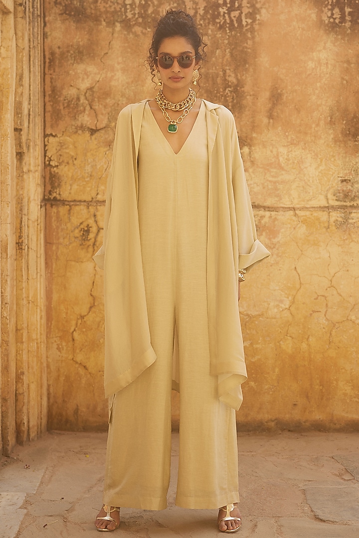 Ivory Linen Jumpsuit With Jacket by Paulmi & Harsh at Pernia's Pop Up Shop