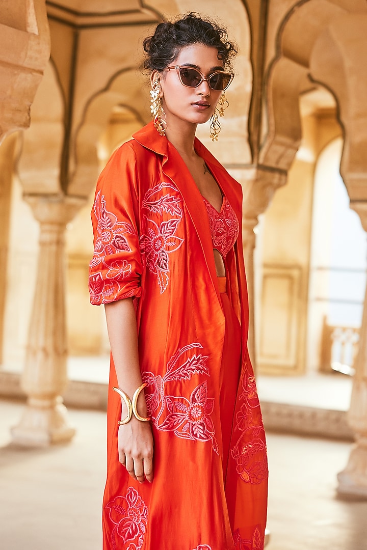 Vermillion Silk Organza Floral Motif Embroidered Jacket Set by Paulmi & Harsh at Pernia's Pop Up Shop