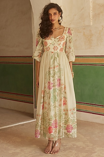 Ivory Pure Silk Habutai Floral Printed Corset Maxi Vacation Dress by Paulmi & Harsh at Pernia's Pop Up Shop