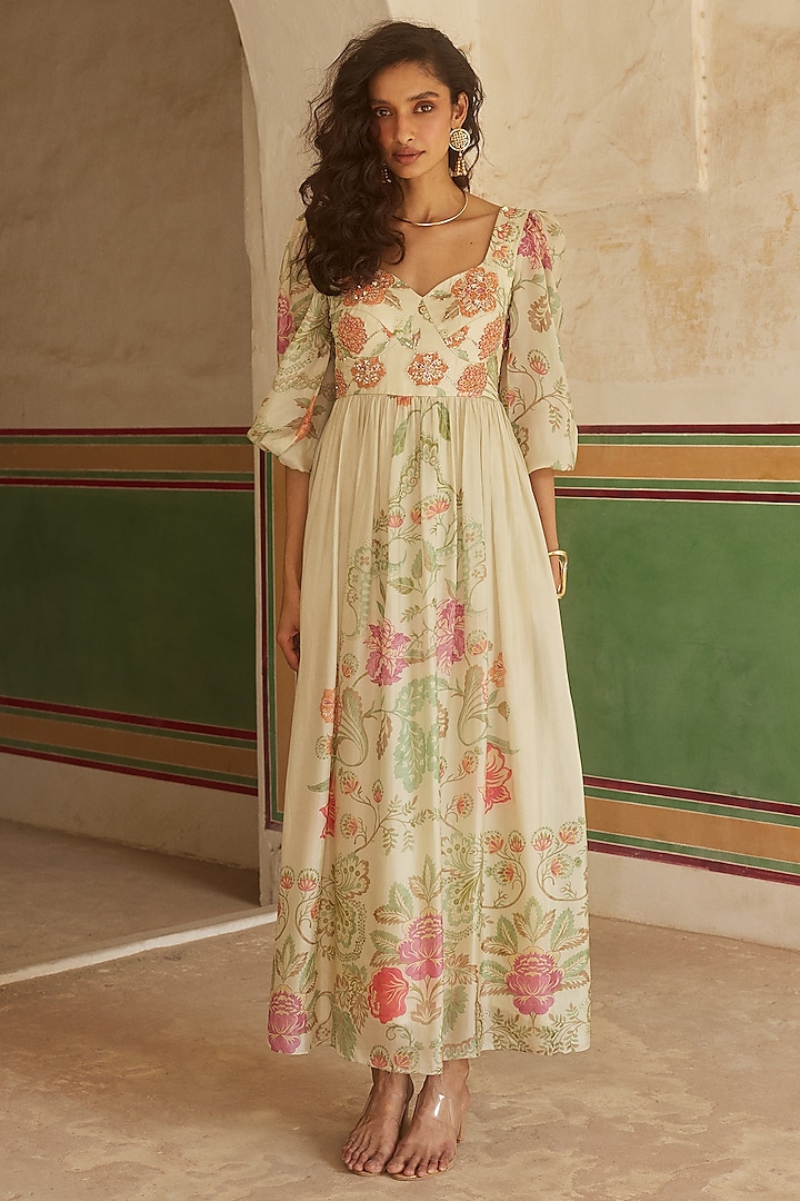 Ivory Pure Silk Habutai Floral Printed Corset Maxi Dress by Paulmi & Harsh