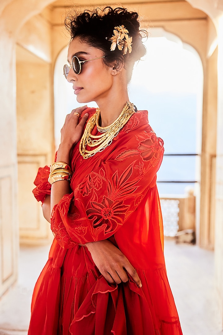 Vermillion Silk Organza Floral Embroidered Mini Vacation Dress by Paulmi & Harsh at Pernia's Pop Up Shop
