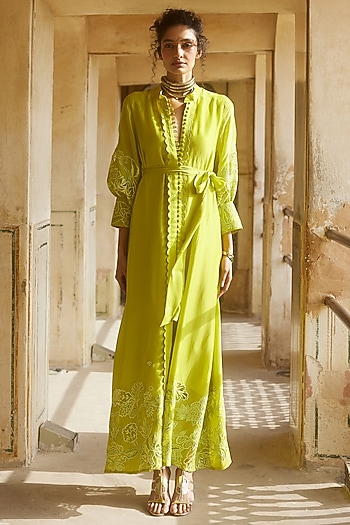Lemon Yellow Silk Organza Cutwork Maxi Vacation Dress by Paulmi & Harsh at Pernia's Pop Up Shop