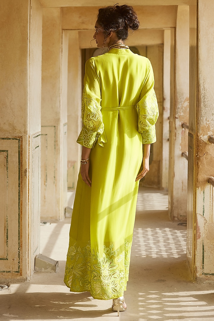 Lemon Yellow Silk Organza Cutwork Maxi Dress by Paulmi Harsh at