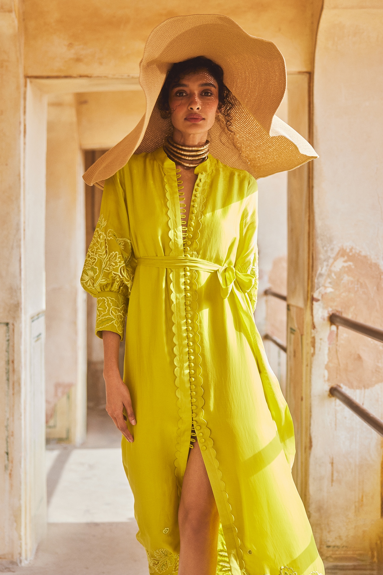 Lemon Yellow Silk Organza Cutwork Maxi Dress by Paulmi