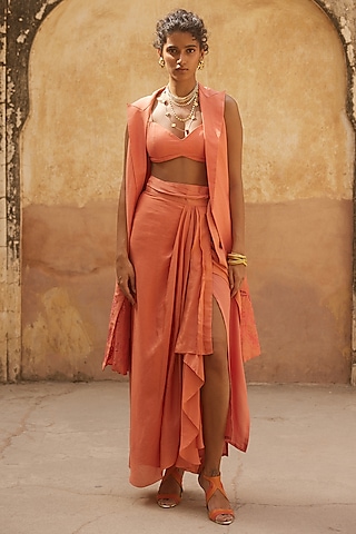 Coral Linen Floral Motif Jacket Set by Paulmi & Harsh