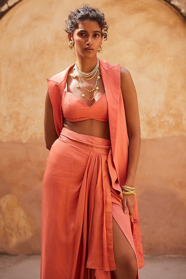 Coral Linen Floral Motif Jacket Set by Paulmi & Harsh at Pernia's Pop Up Shop