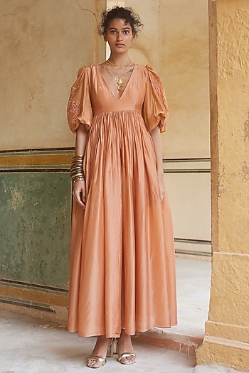Peachy Orange Silk Organza Maxi Vacation Dress by Paulmi & Harsh at Pernia's Pop Up Shop