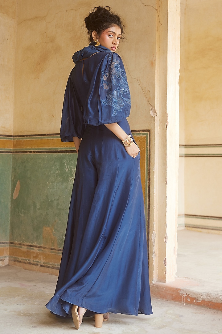Blue Silk Organza Floral Motif Embroidered Jumpsuit With Scarf by Paulmi & Harsh at Pernia's Pop Up Shop