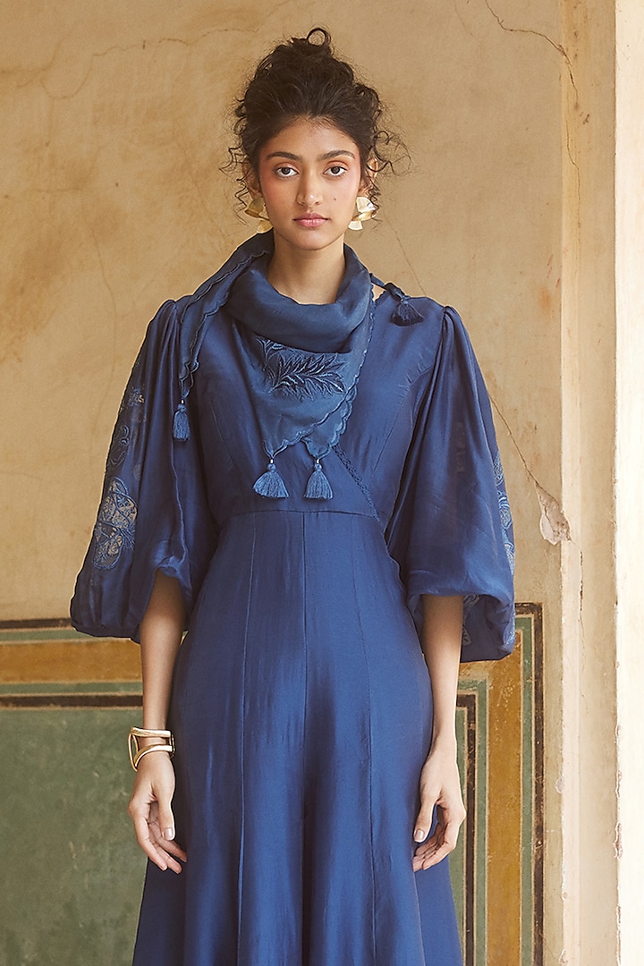 Blue Silk Organza Floral Motif Embroidered Jumpsuit With Scarf 