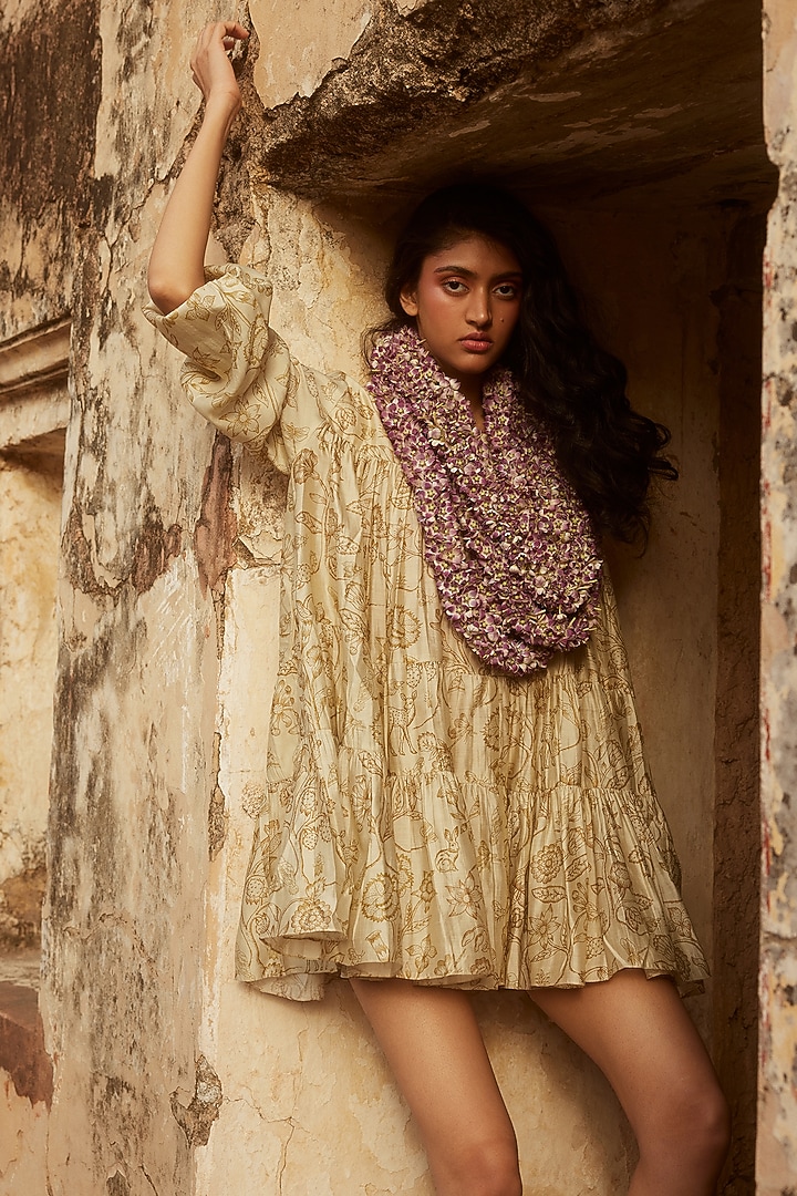 Ivory Pure Chiniya Silk Floral Printed Mini Vacation Dress by Paulmi & Harsh at Pernia's Pop Up Shop