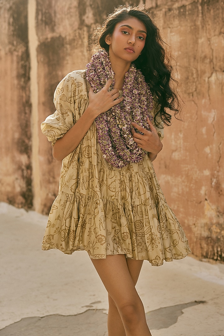 Ivory Pure Chiniya Silk Floral Printed Mini Vacation Dress by Paulmi & Harsh at Pernia's Pop Up Shop