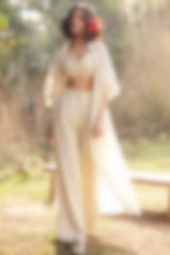 Ivory Silk Organza Floral Embroidered Jacket Set by Paulmi & Harsh at Pernia's Pop Up Shop