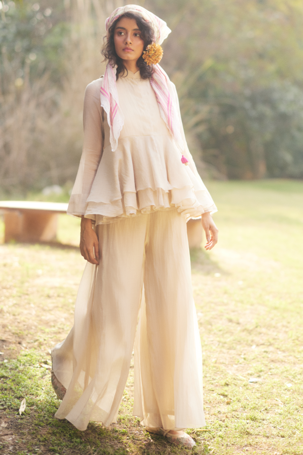 Ivory Malai Chanderi Palazzo Pant Set by Paulmi & Harsh at Pernia's Pop Up Shop