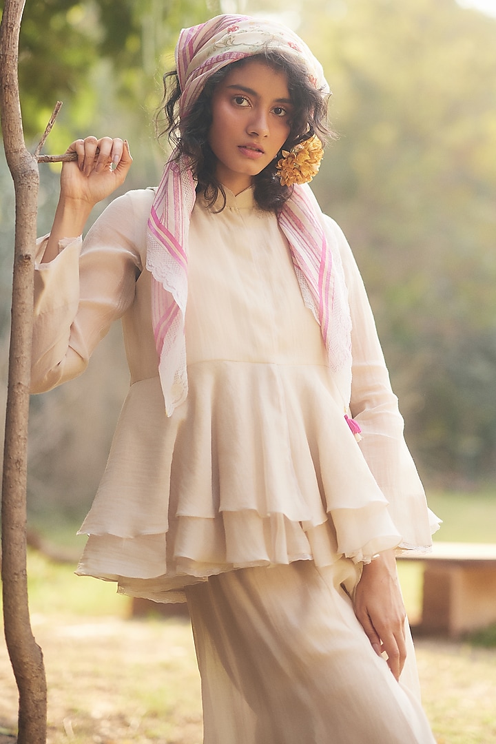 Ivory Malai Chanderi Palazzo Pant Set by Paulmi & Harsh at Pernia's Pop Up Shop