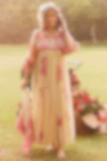 Ivory Malai Chanderi Printed & Embroidered Maxi Vacation Dress by Paulmi & Harsh at Pernia's Pop Up Shop