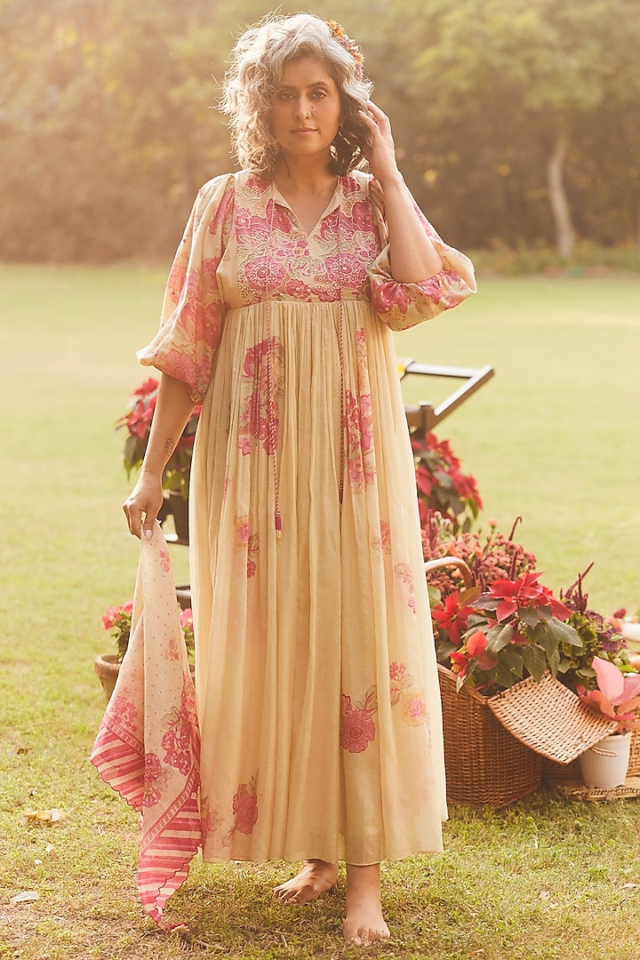 Ivory Malai Chanderi Printed & Embroidered Maxi Vacation Dress by Paulmi & Harsh at Pernia's Pop Up Shop
