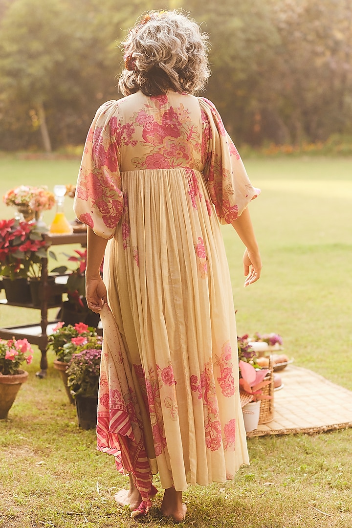 Ivory Malai Chanderi Printed & Embroidered Maxi Vacation Dress by Paulmi & Harsh at Pernia's Pop Up Shop