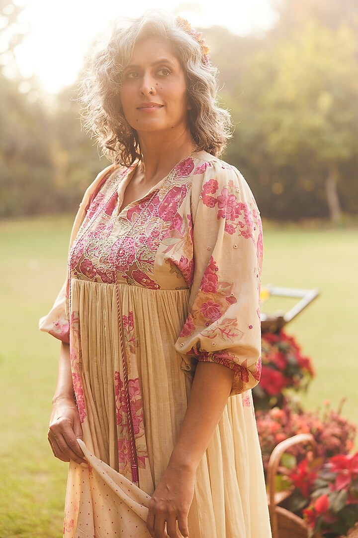 Ivory Malai Chanderi Printed & Embroidered Maxi Vacation Dress by Paulmi & Harsh at Pernia's Pop Up Shop