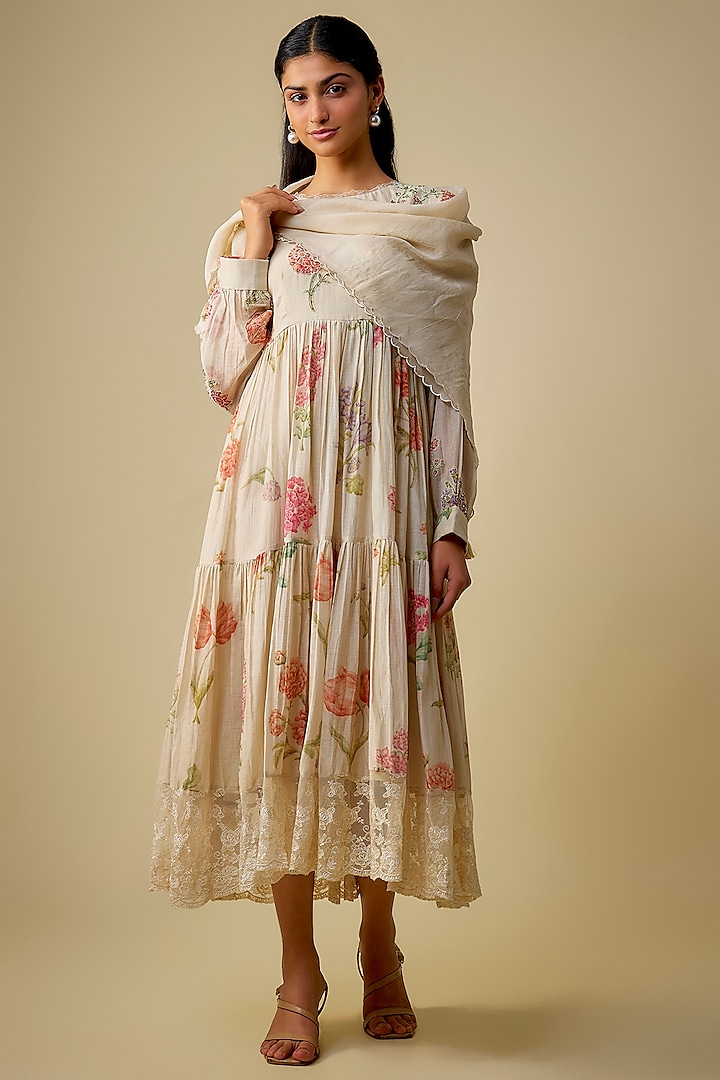 Ivory Malai Chanderi French Knot Embroidered Gathered Vacation Dress With Scarf by Paulmi & Harsh at Pernia's Pop Up Shop