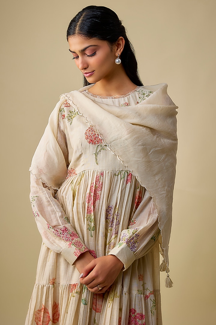 Ivory Malai Chanderi French Knot Embroidered Gathered Vacation Dress With Scarf by Paulmi & Harsh at Pernia's Pop Up Shop
