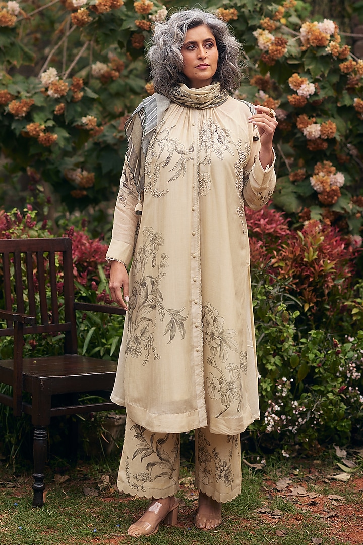 Ivory Malai Chanderi Floral Printed Tunic Set by Paulmi & Harsh at Pernia's Pop Up Shop