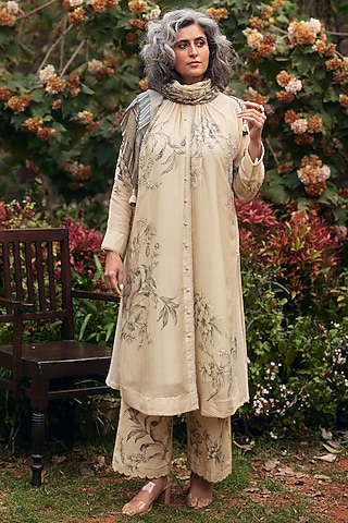 Ivory Malai Chanderi Floral Printed Tunic Set by Paulmi & Harsh